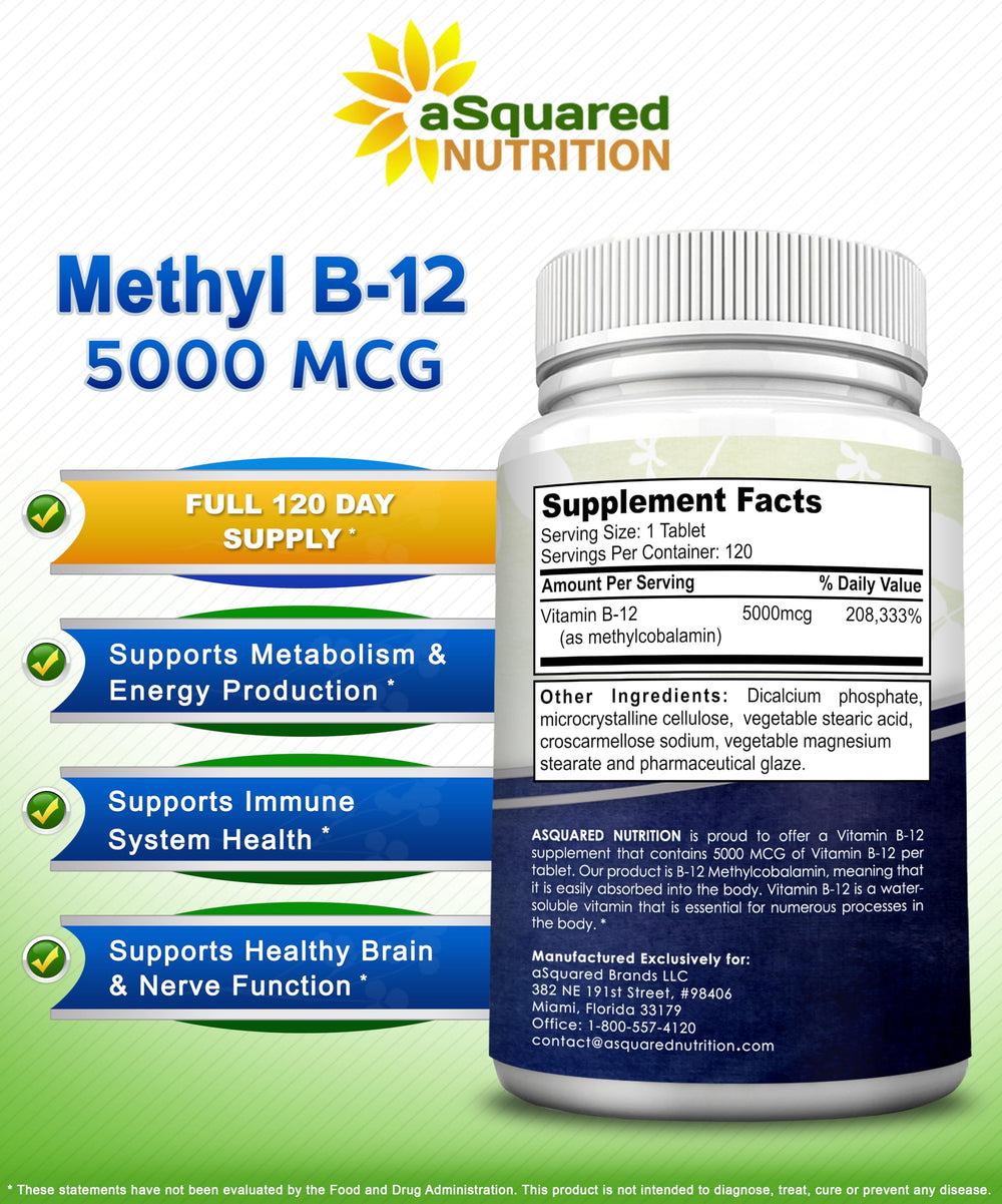 aSquared Nutrition B12 daily-use tablet on desk