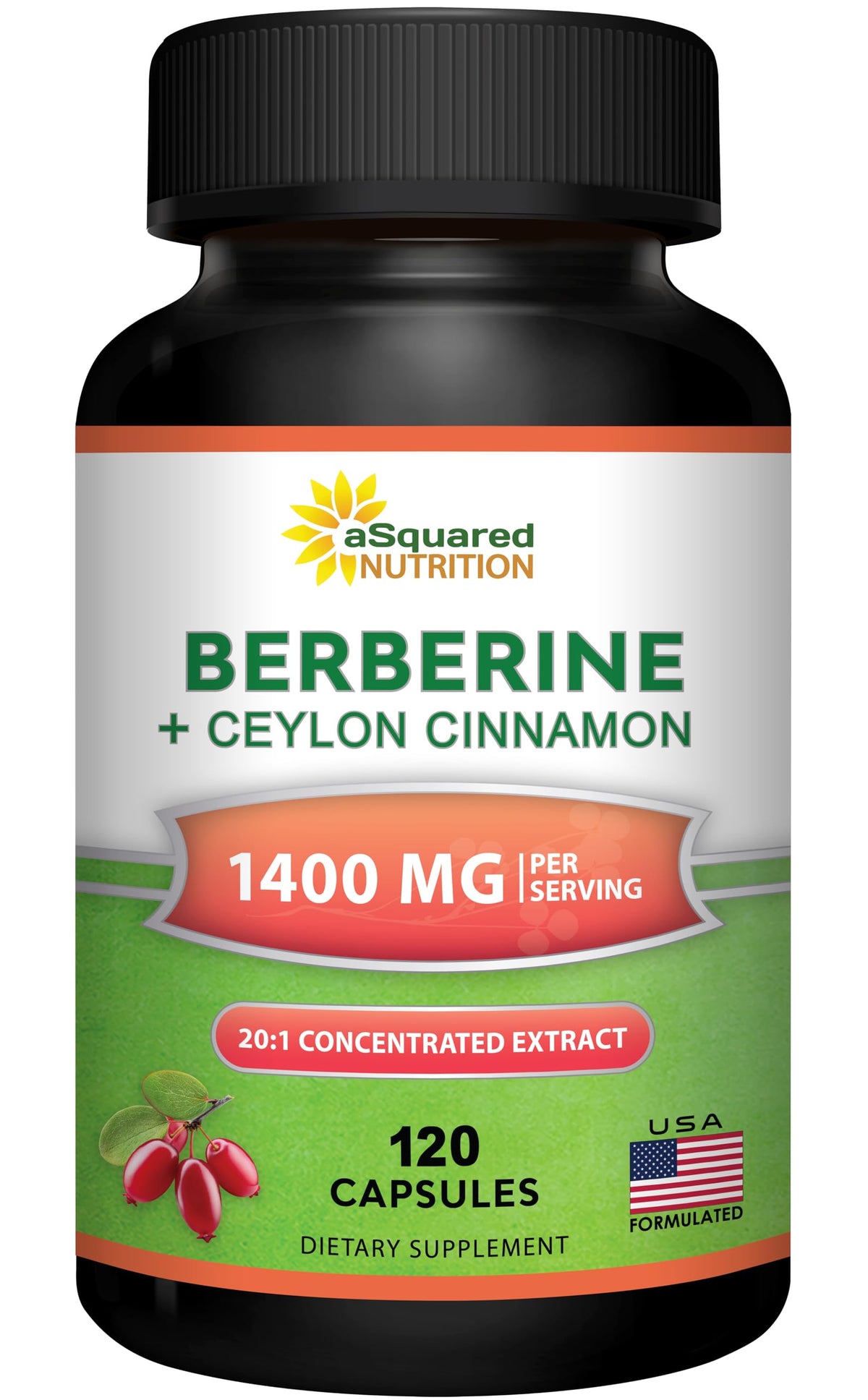 asquared Nutrition Berberine Cinnamon capsules bottle supports metabolic balance