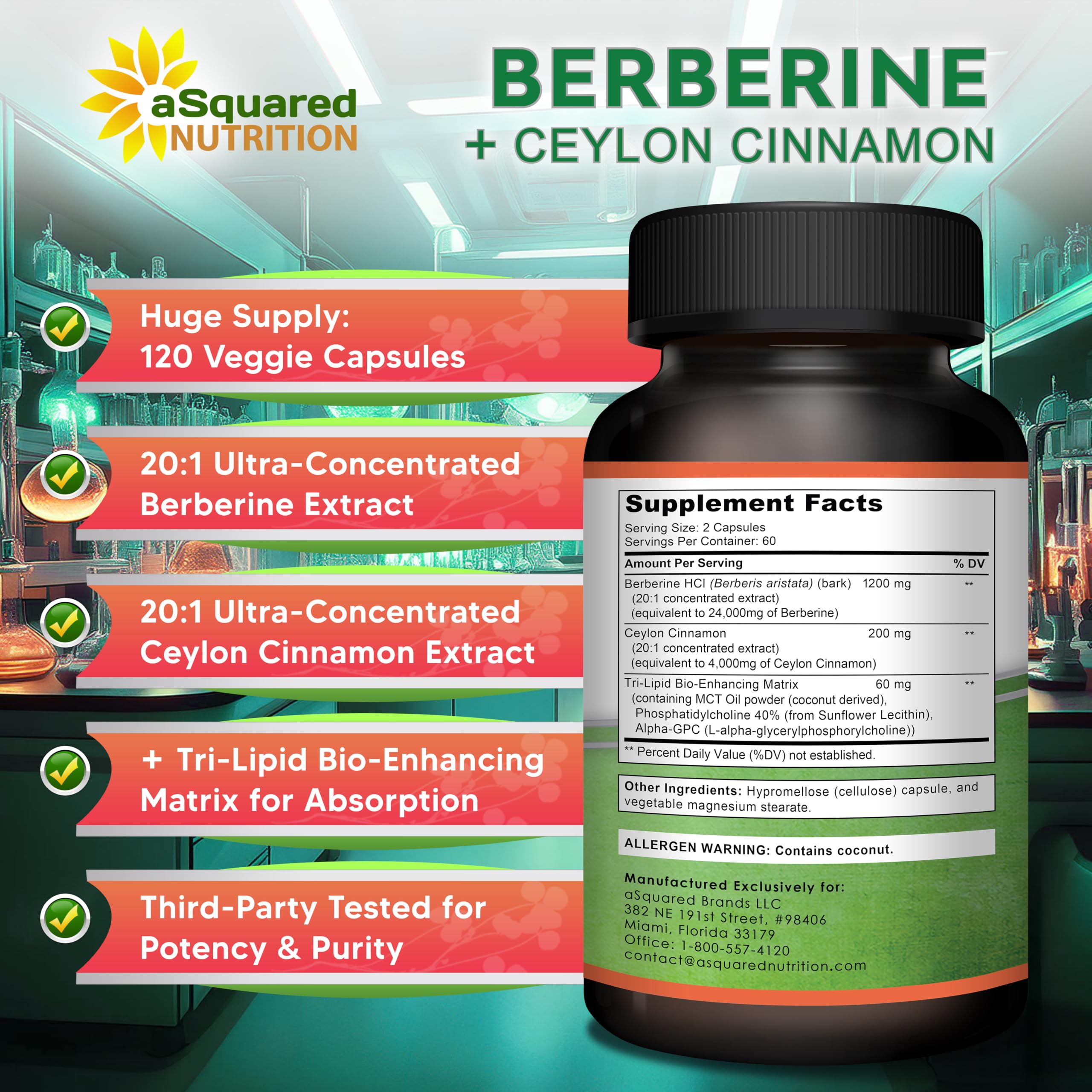 asquared Nutrition Berberine Cinnamon lipid matrix closeup shows MCT and phospholipids