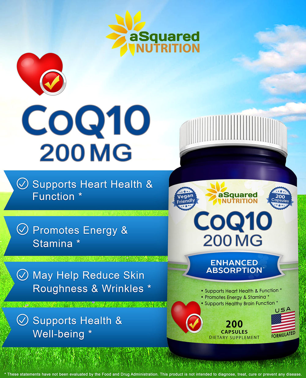 Close-up of aSquared Nutrition CoQ10 capsules highlighting high absorption vegan ubiquinone