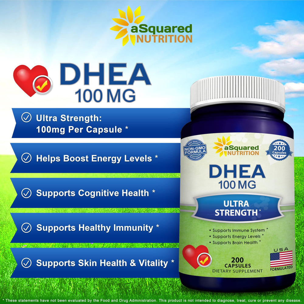 aSquared Nutrition DHEA 100mg bottle label shows GMP and ISO testing.