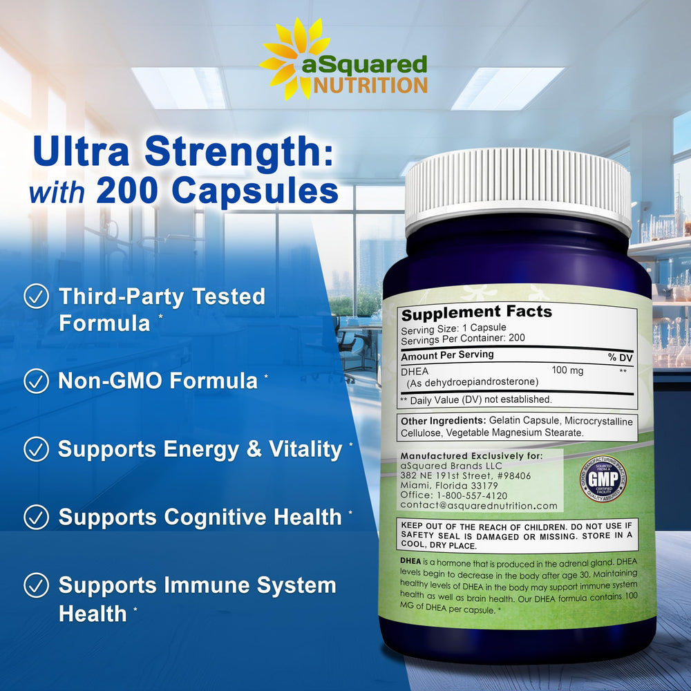 aSquared Nutrition DHEA 100mg manufactured in USA facility.
