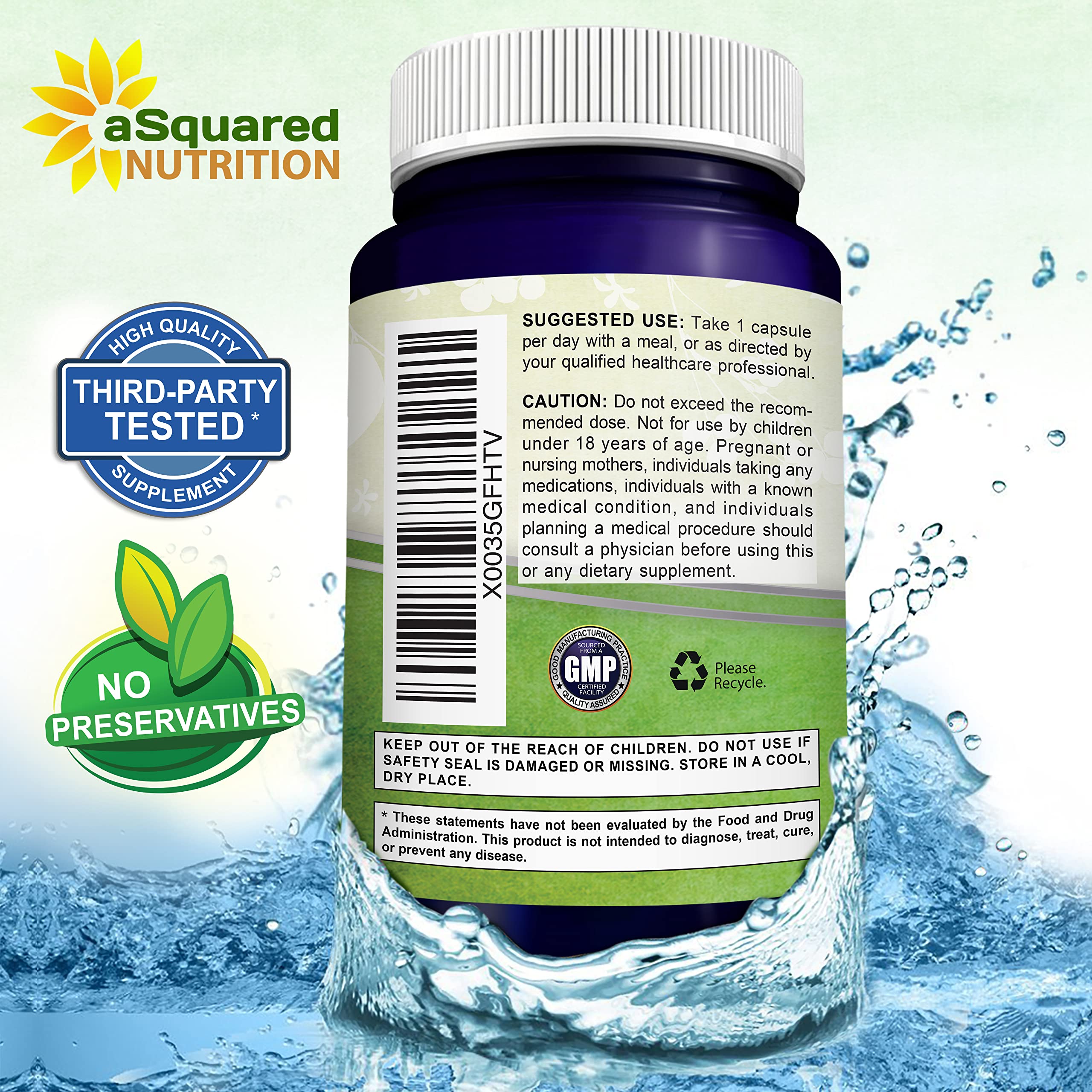 aSquared Nutrition GMP-certified facility badge behind product