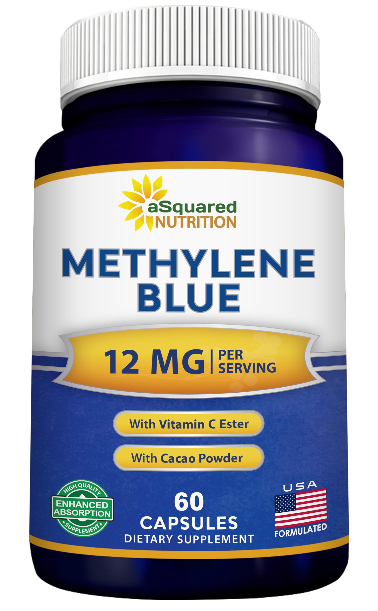 aSquared Nutrition Methylene Blue capsules bottle—pharmaceutical-grade supplement for focus and energy.