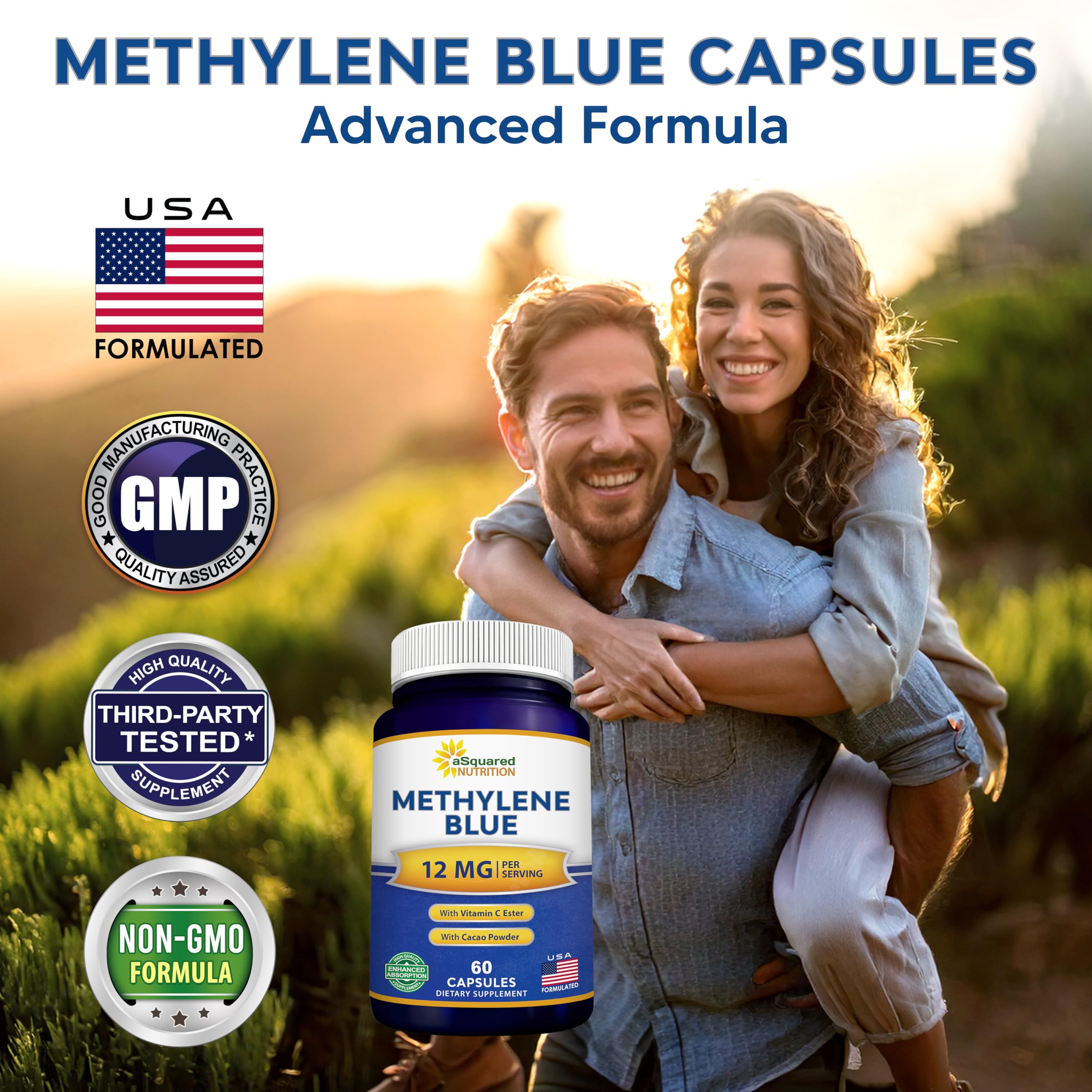 aSquared Nutrition Methylene Blue capsules close-up—protective white capsules preserve potency.