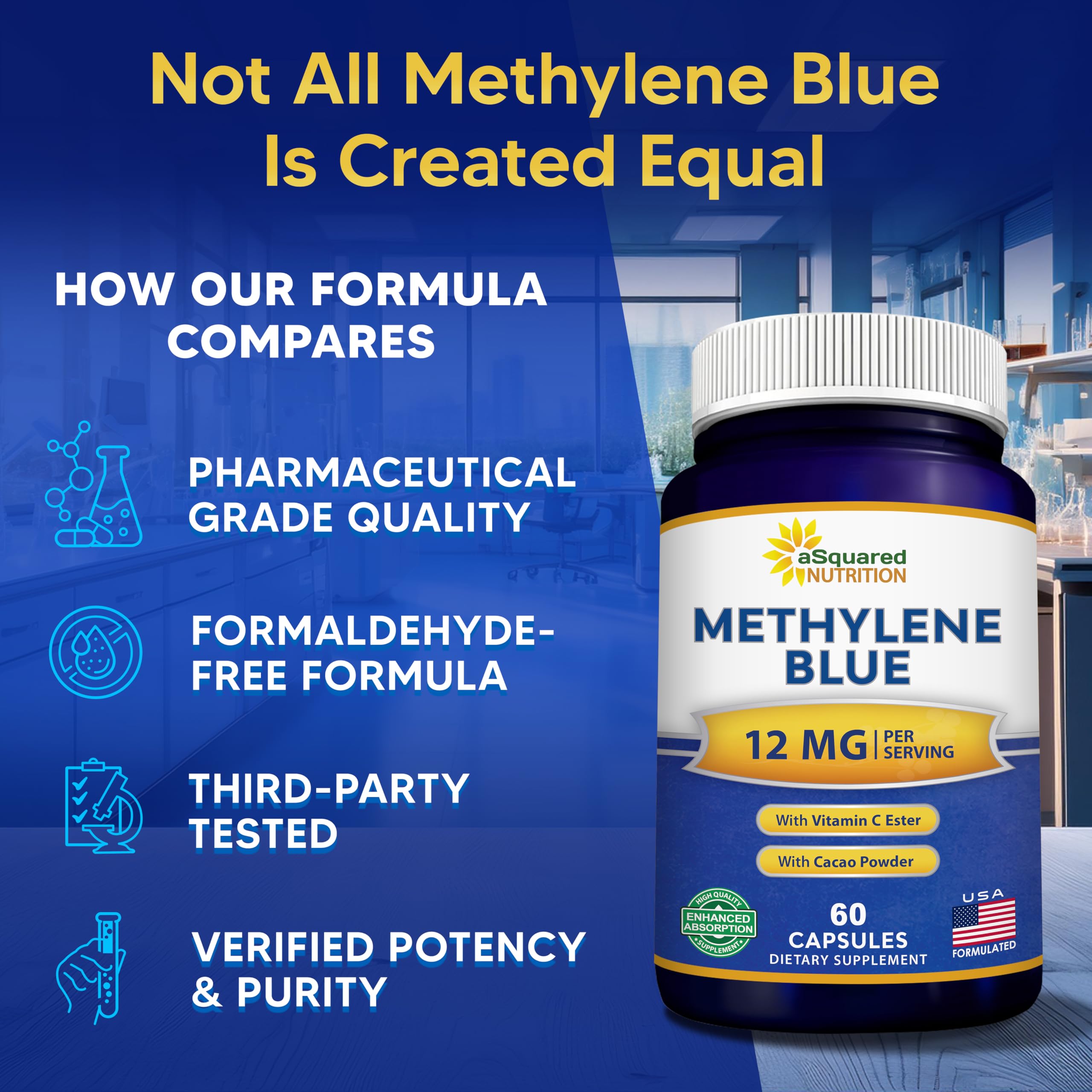 aSquared Nutrition Methylene Blue purity/testing label—transparency and potency.