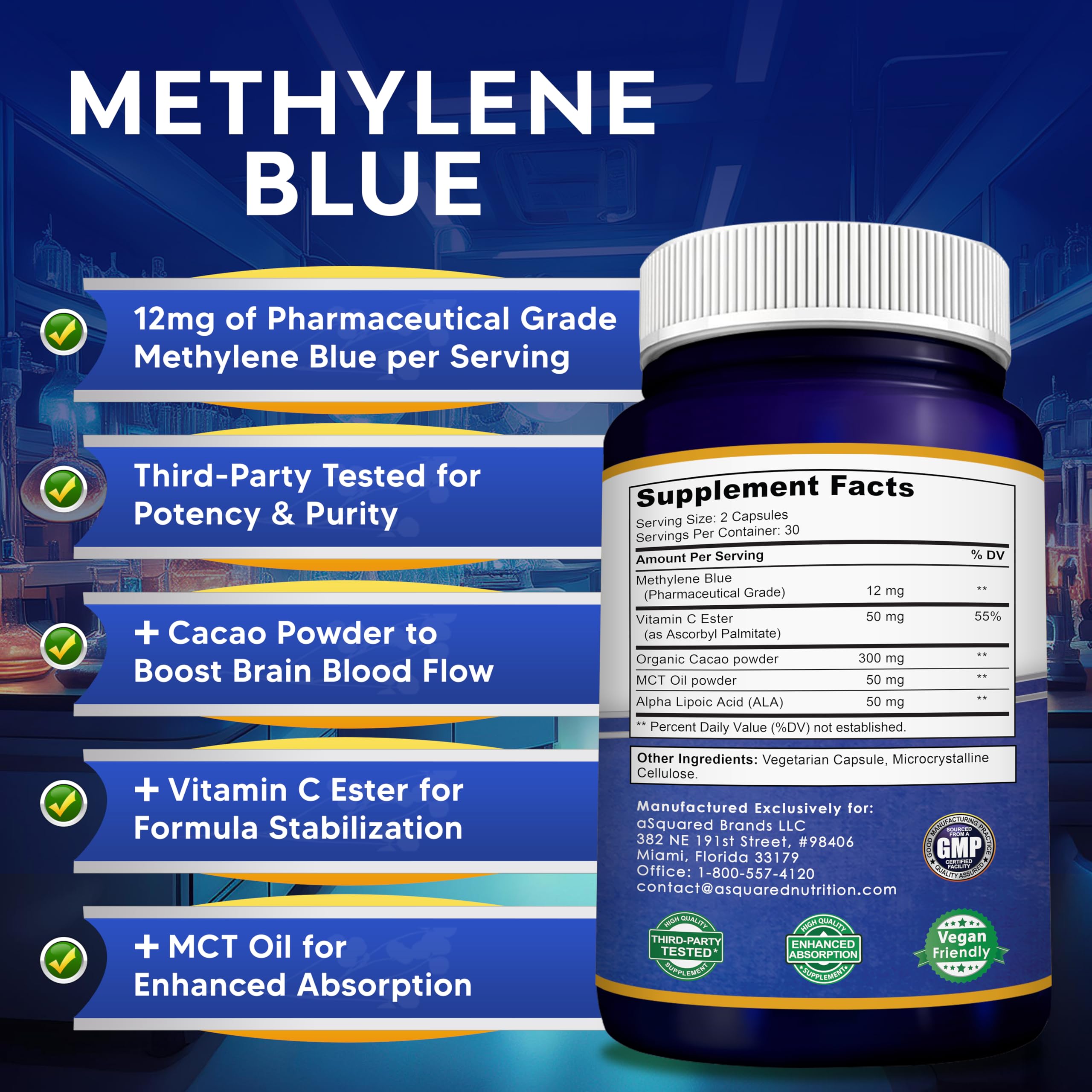 aSquared Nutrition Methylene Blue with Vitamin C Ester—improved absorption and stability.