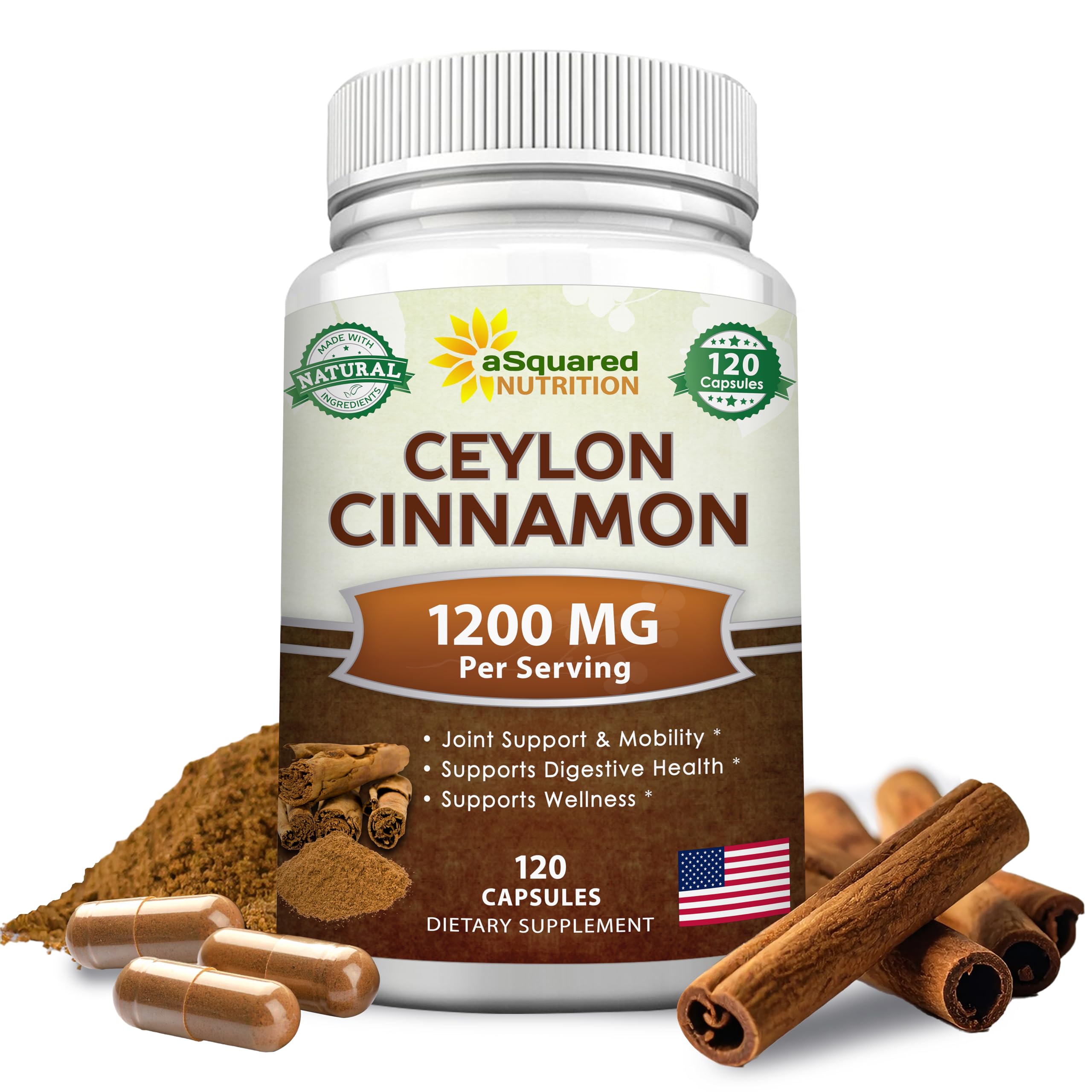 aSquared Nutrition natural Ceylon cinnamon bottle front view for daily supplementation