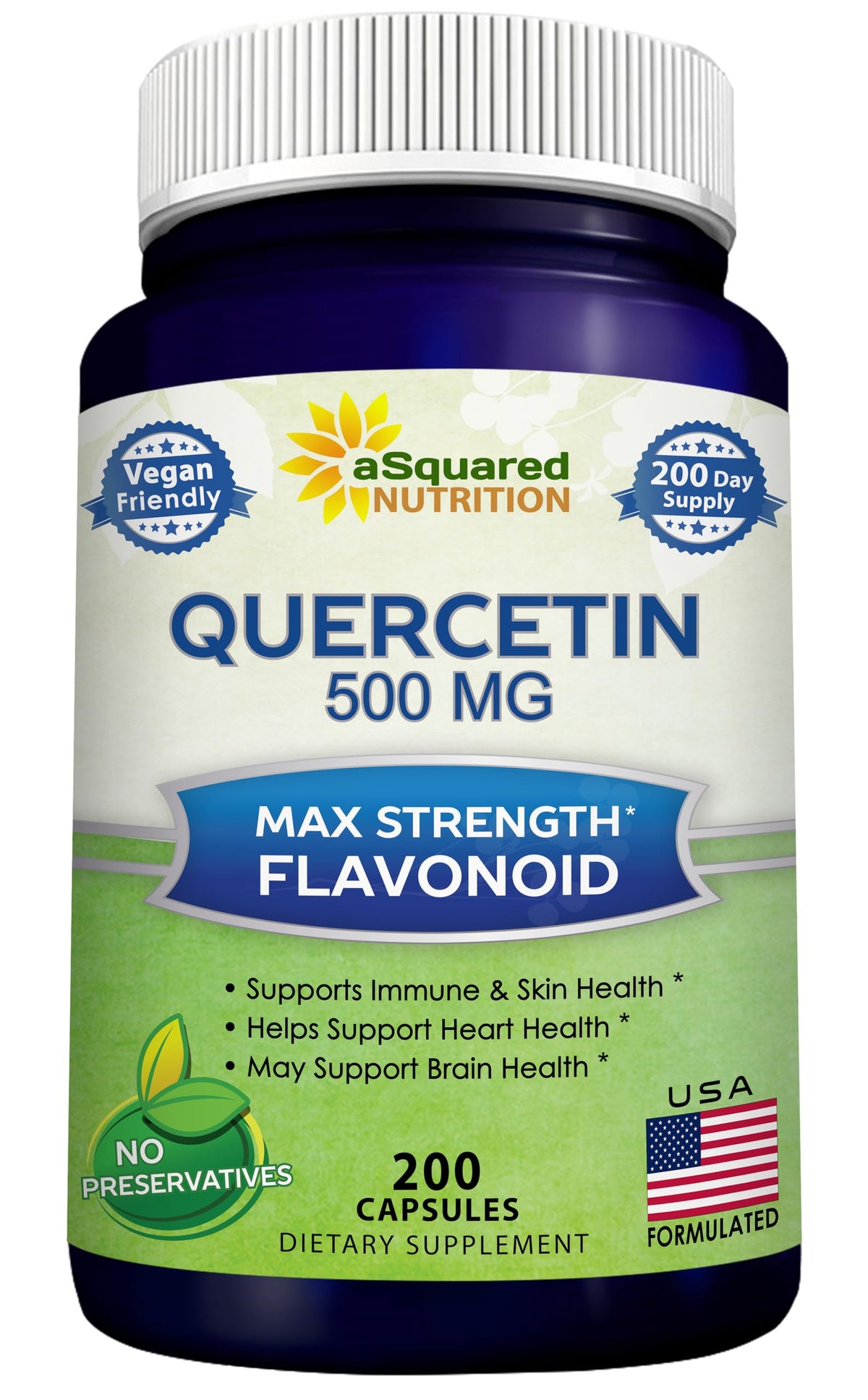 aSquared Nutrition Quercetin 500mg bottle with label offers antioxidant support