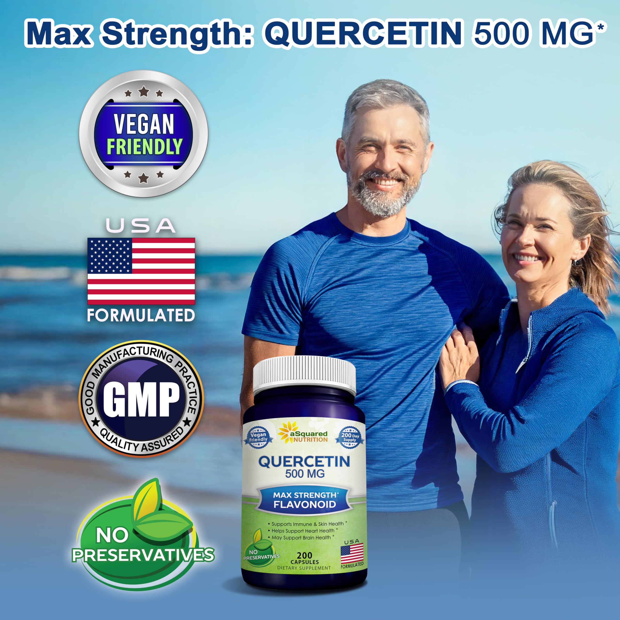 aSquared Nutrition Quercetin 500mg label highlights quality and USA-made production