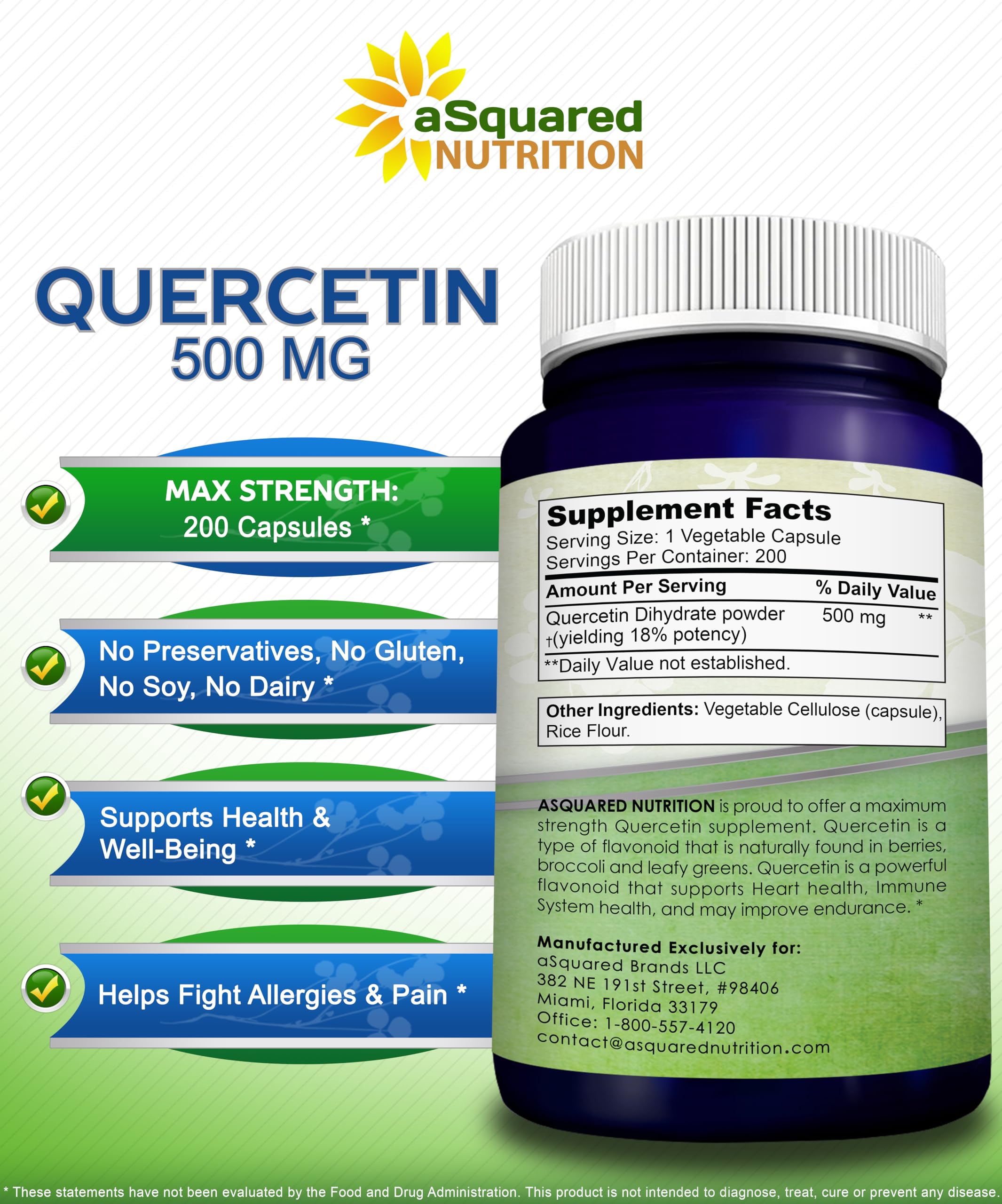 aSquared Nutrition Quercetin 500mg vegan formula on a clean background