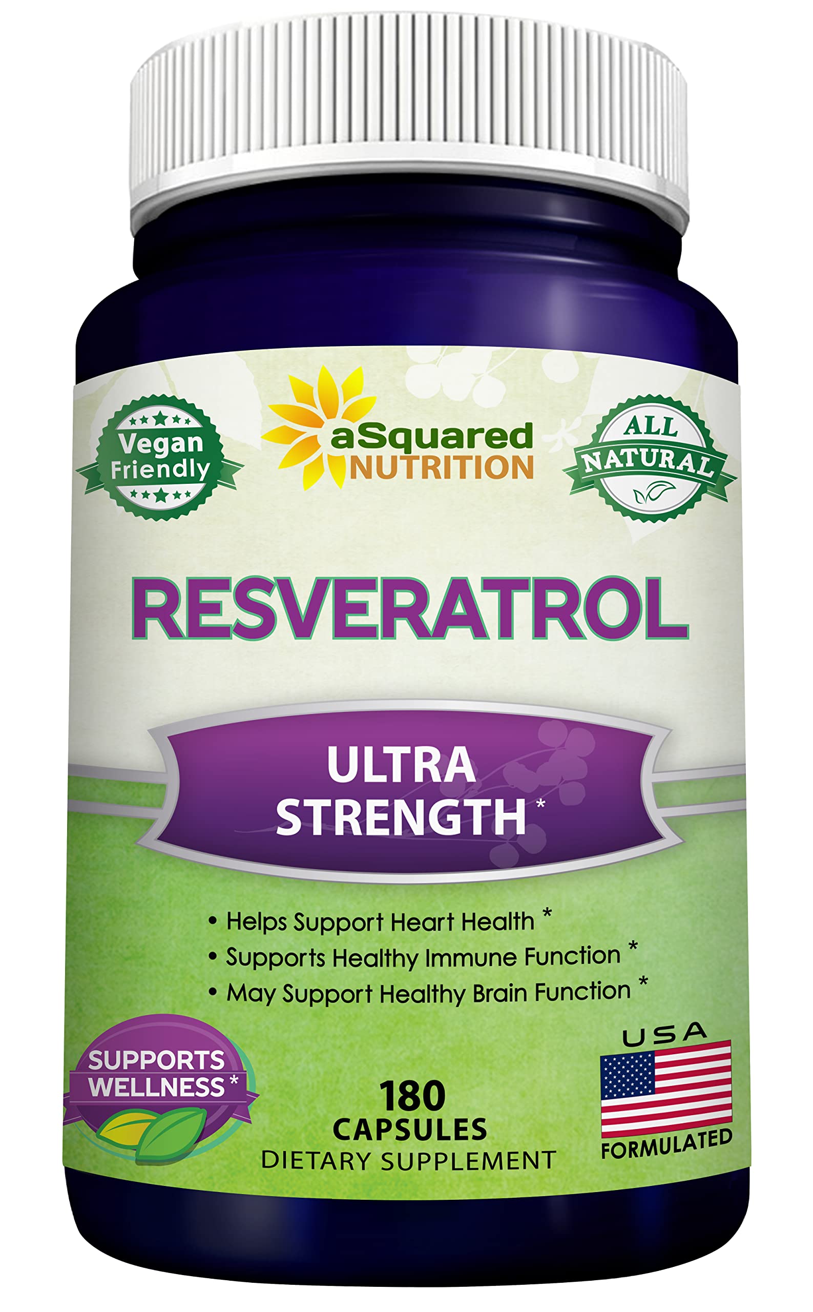 aSquared Nutrition resveratrol bottle label highlights max strength antioxidant support