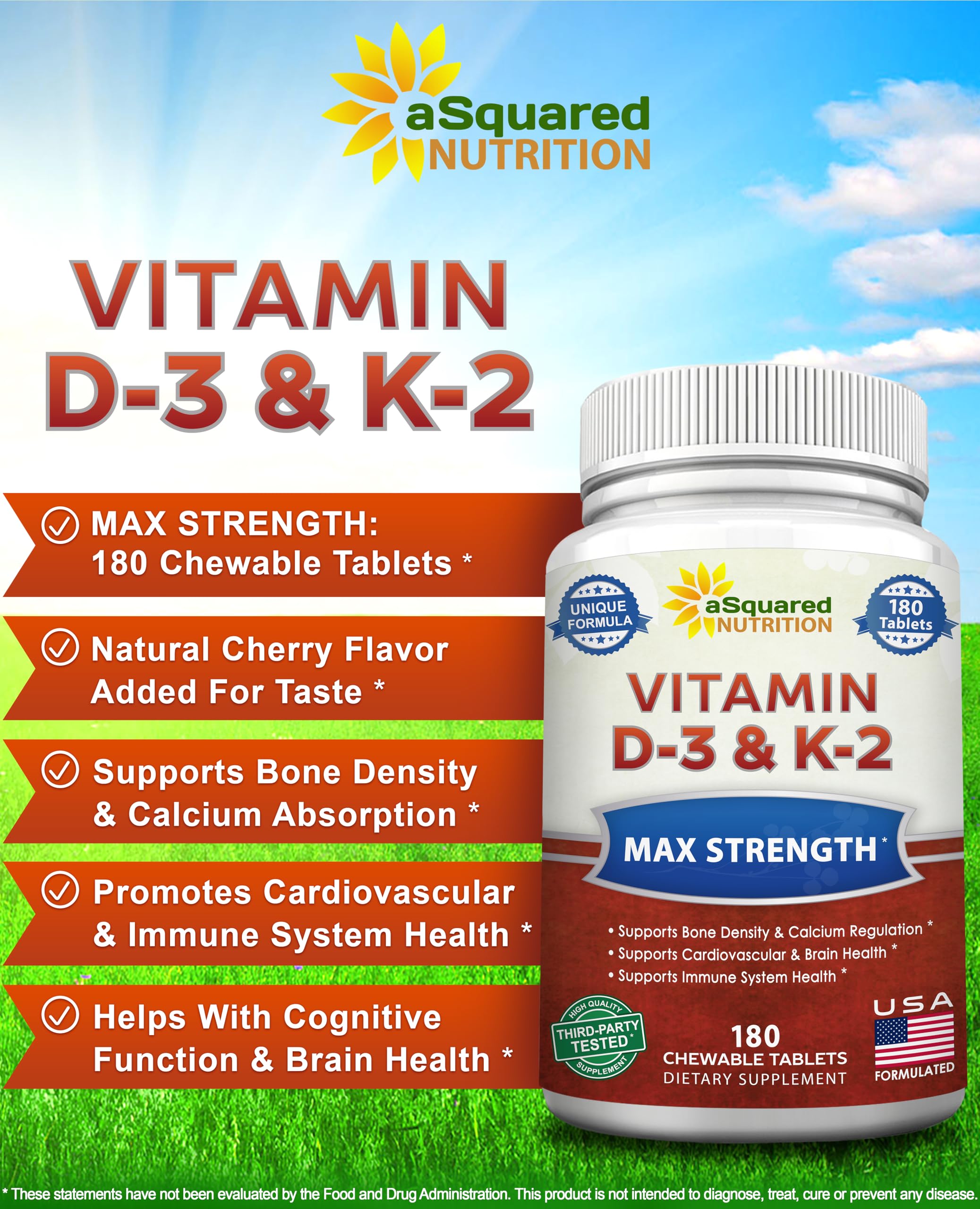 Asquared Nutrition cherry-flavored D3 K2 tablets close-up for easy chewing