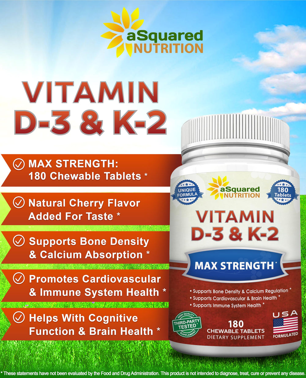 Asquared Nutrition cherry-flavored D3 K2 tablets close-up for easy chewing