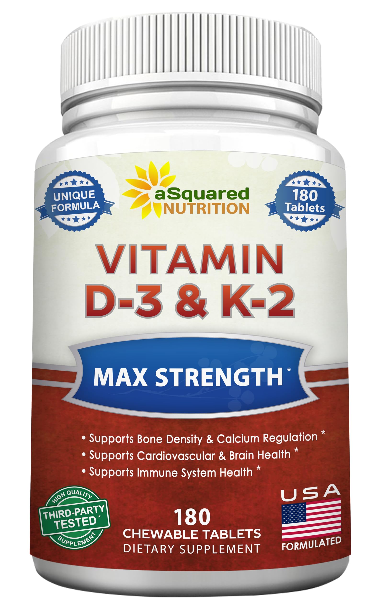Asquared Nutrition Vitamin D3 with K2 chewable bottle for everyday bone support