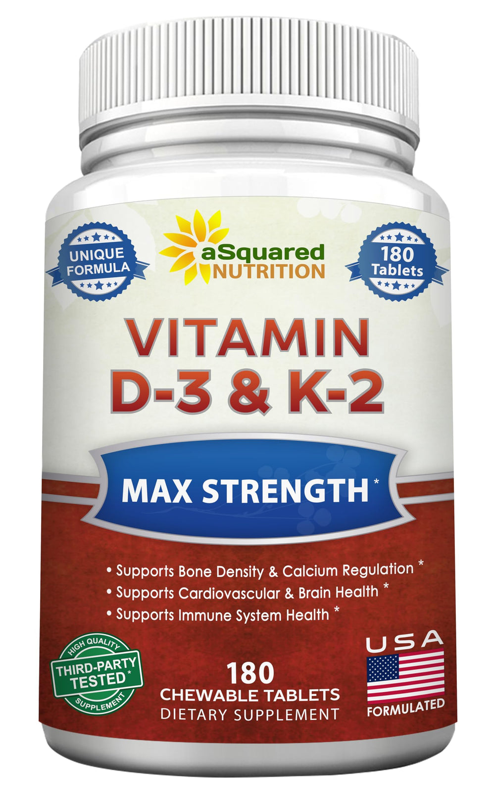 Asquared Nutrition Vitamin D3 with K2 chewable bottle for everyday bone support