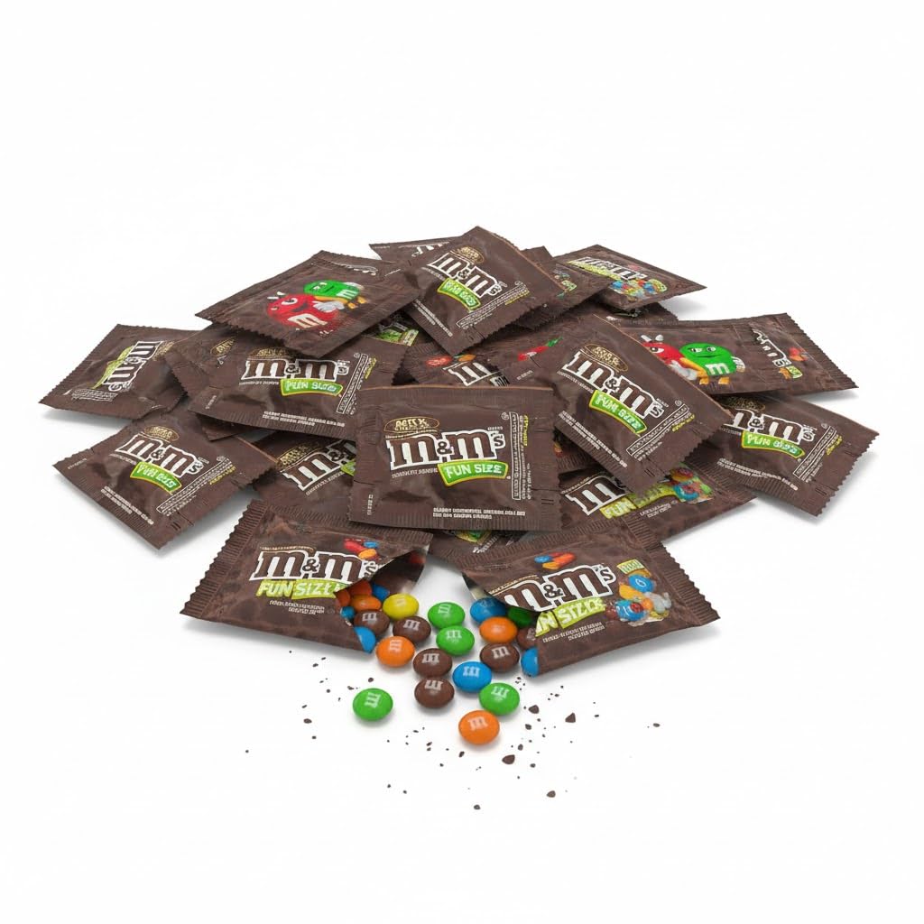 Assortit M&M Original Milk Chocolate fun size packs front, mess-free snack for families.