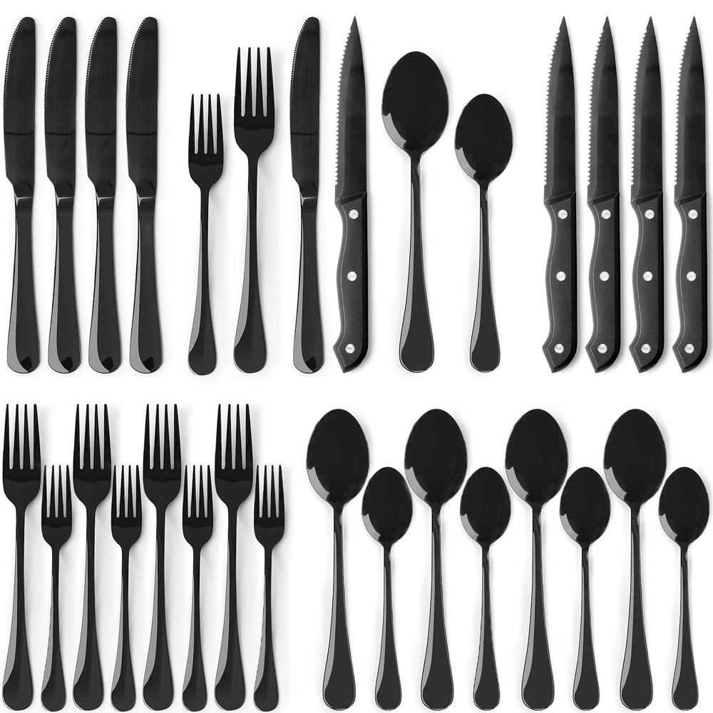 Astercook 24-piece black silverware set for everyday dining and entertaining.