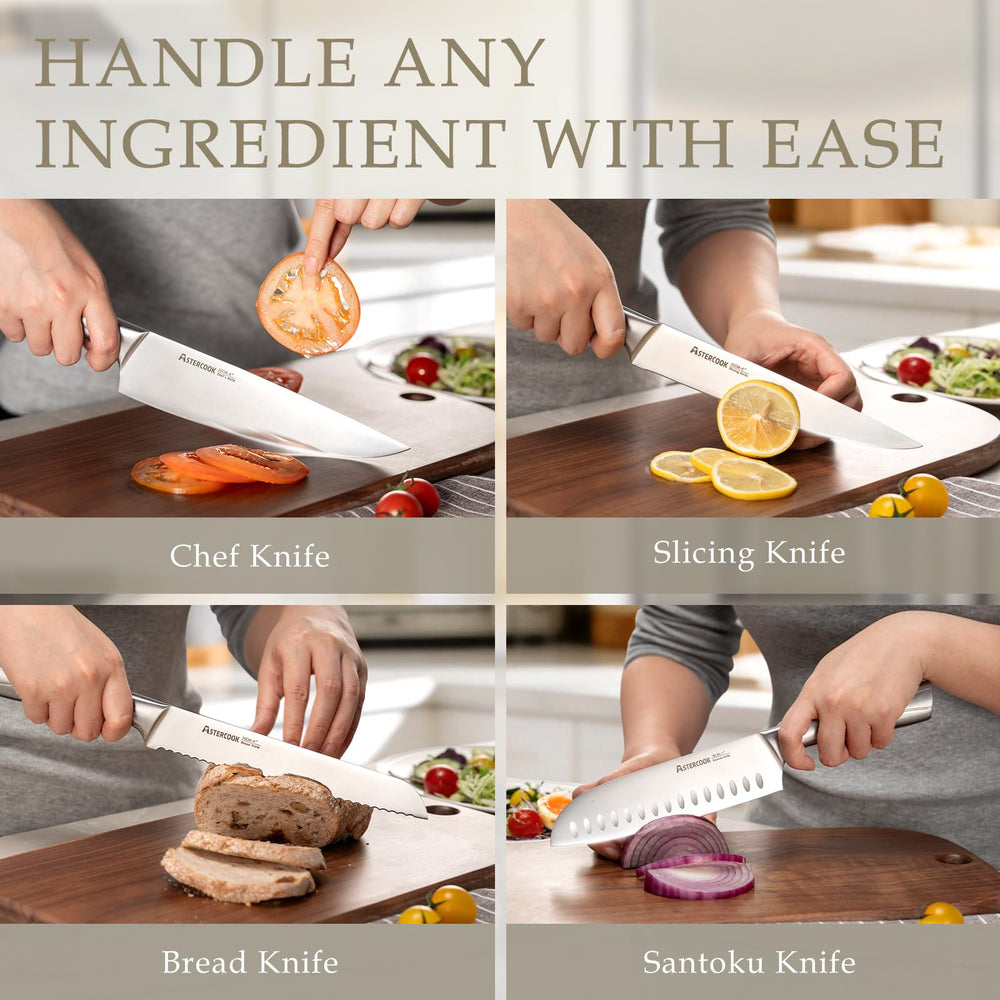Astercook 6-piece 4.5-inch serrated steak knives set for family meals.