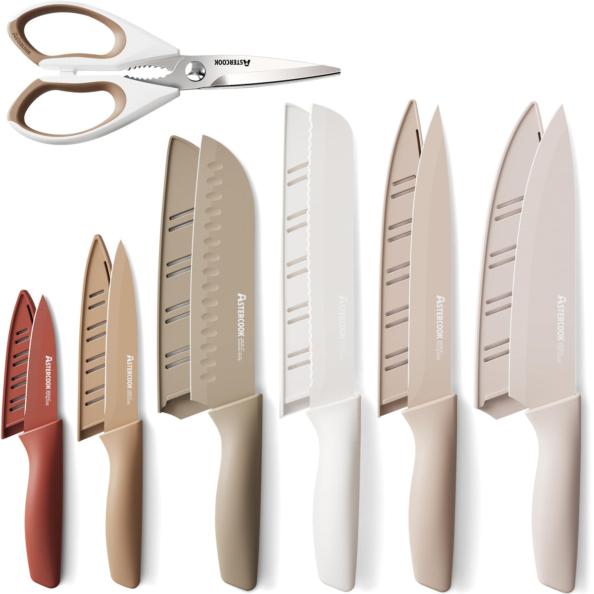 Astercook 13-piece knife set arranged for home cooking, showcasing versatility