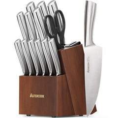 Astercook knife set in block with built-in sharpener for convenient edge maintenance.