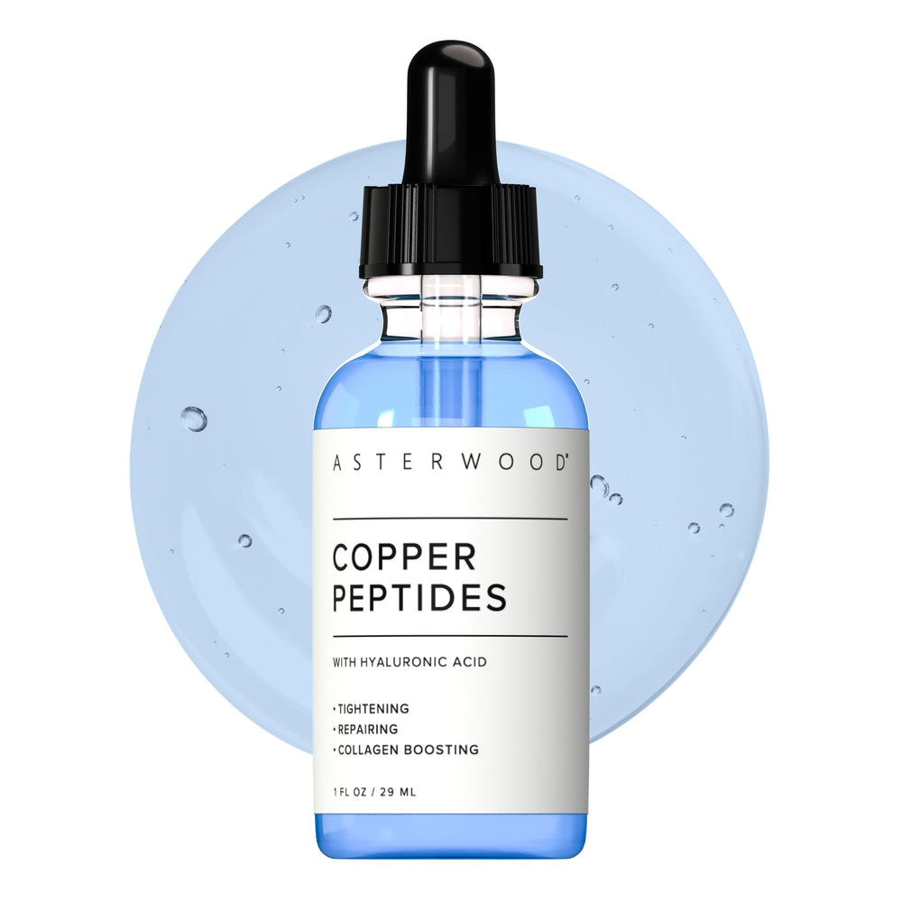 Asterwood copper peptides serum bottle highlighting hydration and anti-aging potential.