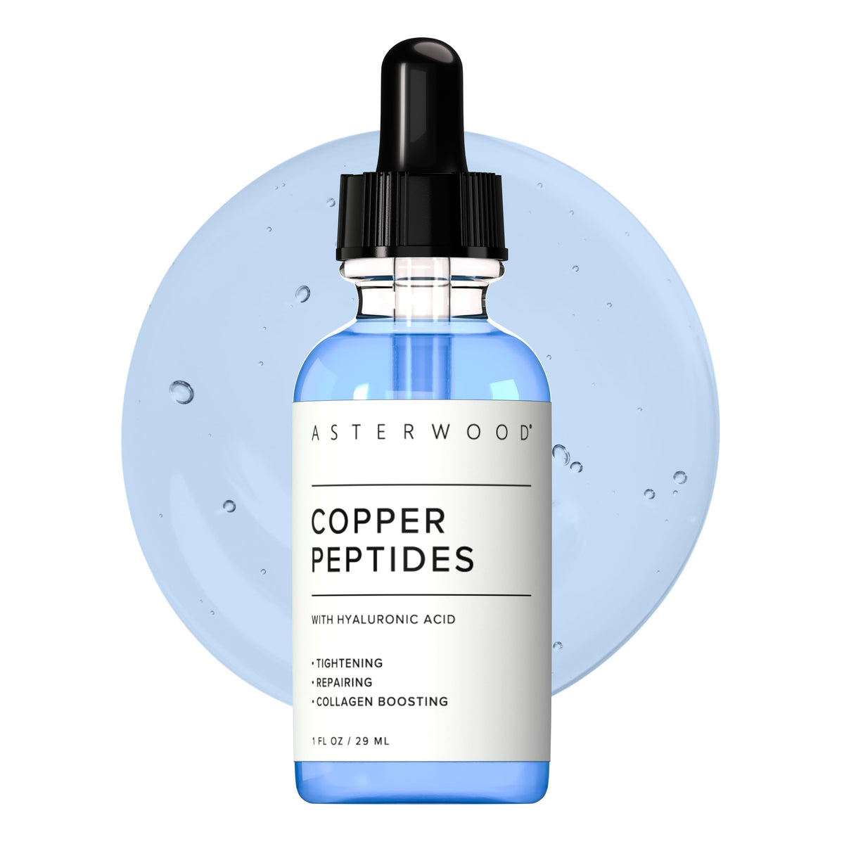 Asterwood copper peptides serum bottle highlighting hydration and anti-aging potential.