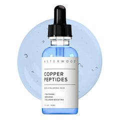 Asterwood copper peptides serum bottle highlighting hydration and anti-aging potential.