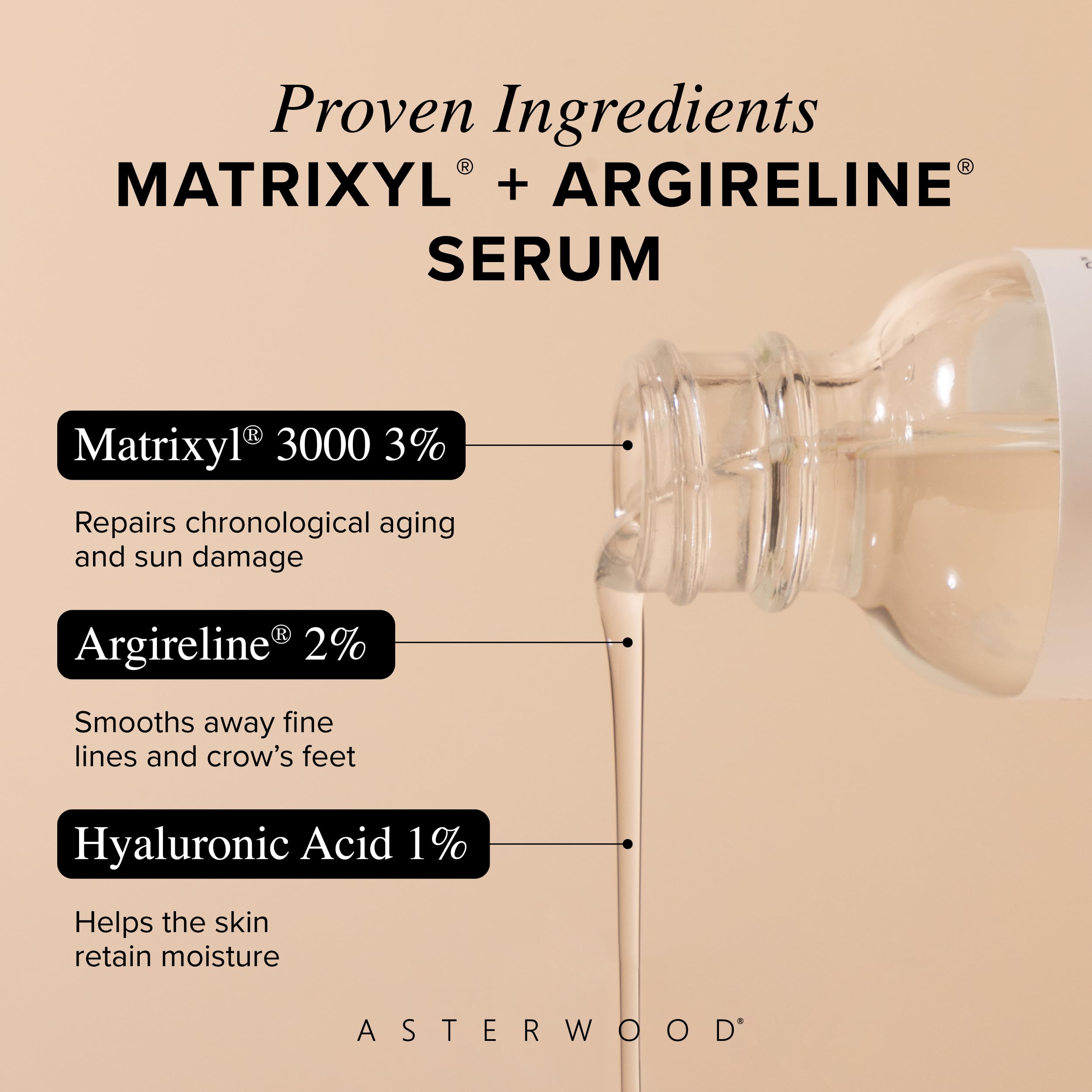 Asterwood Matrixyl 3000 + Argireline serum texture swatch highlighting lightweight finish