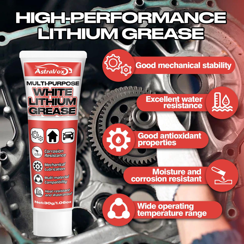 AstraVox White Lithium Grease for gears and bearings reduces friction for steady motion