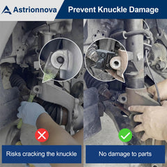 Astrionnova strut spreader tool in use on VW hub, reducing knock impact