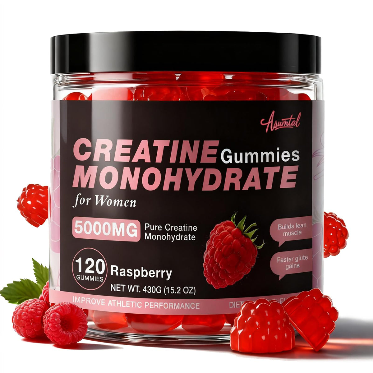 Asumtal Creatine for Women raspberry gummies bottle supports energetic workouts.