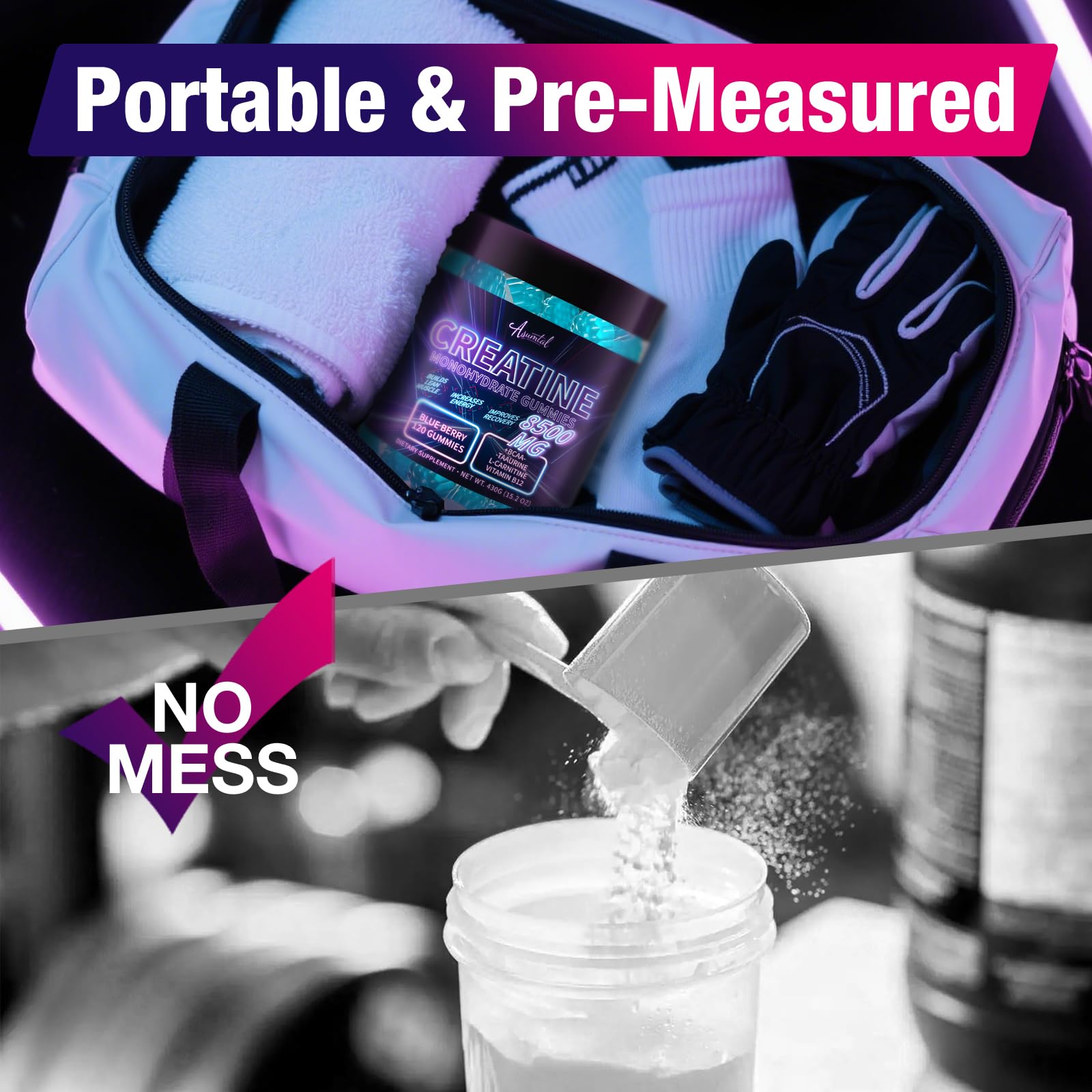 Asumtal Creatine Monohydrate Gummies in hand demonstrates portable daily supplement.