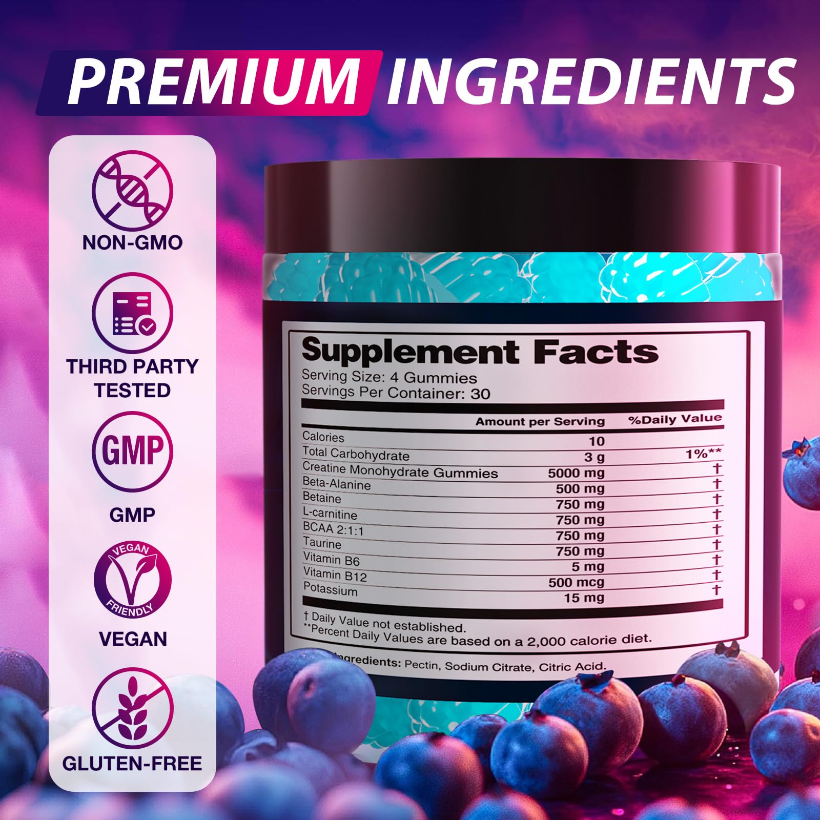 Asumtal Creatine Monohydrate Gummies vegan-sugarfree label highlights clean lifestyle.