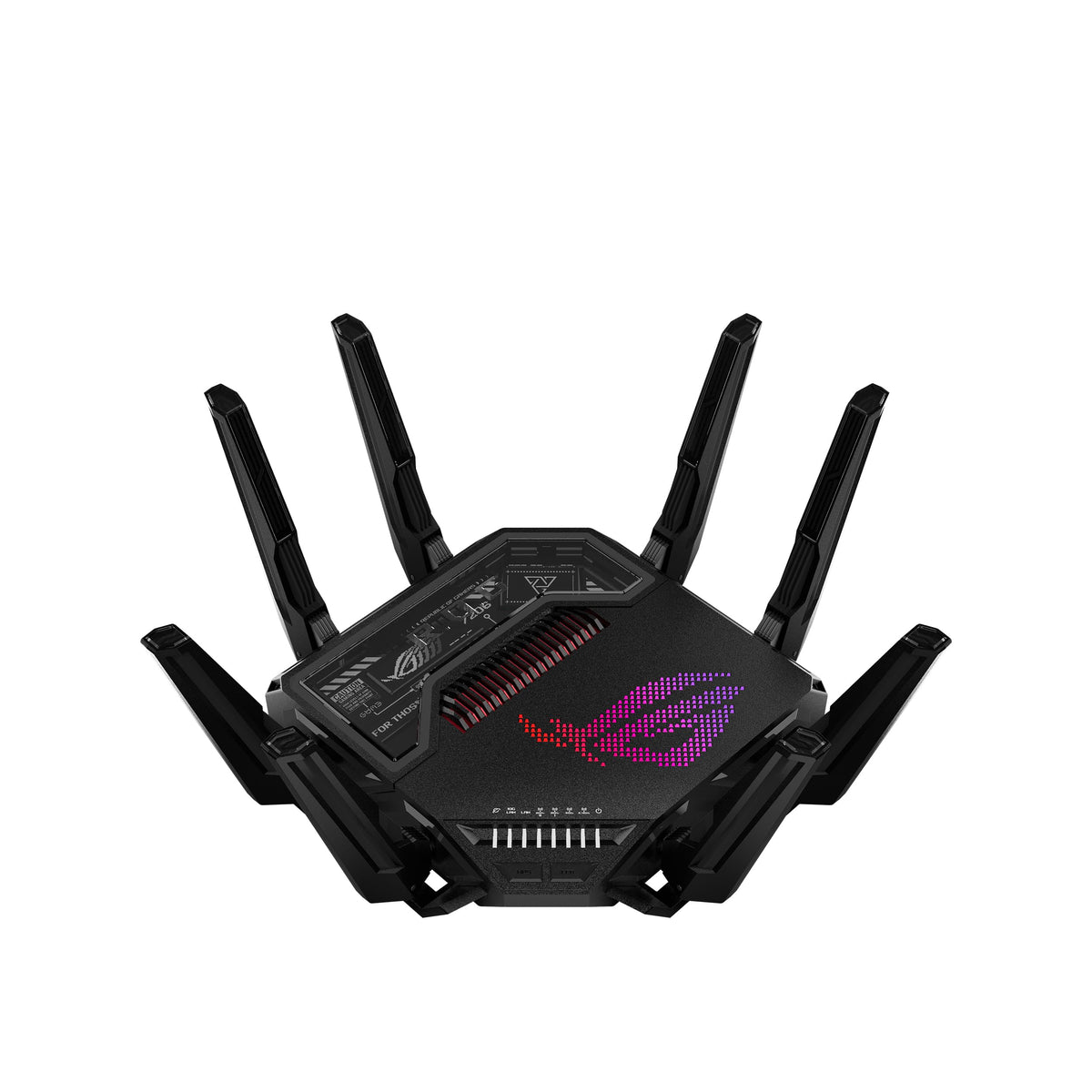 ASUS ROG Rapture GT-BE98 Pro front view highlights bold gaming design and ready-to-connect performance.