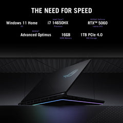ASUS ROG Strix G16 keyboard with RGB lighting for night play.