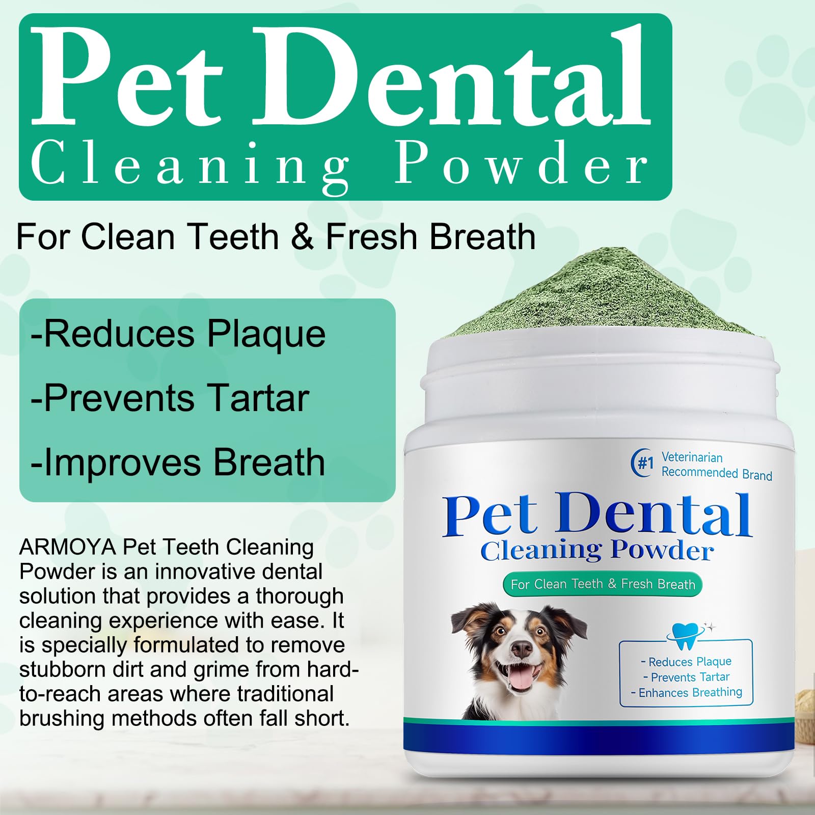 asusxcli dog dental powder being stirred into dog food for healthier teeth