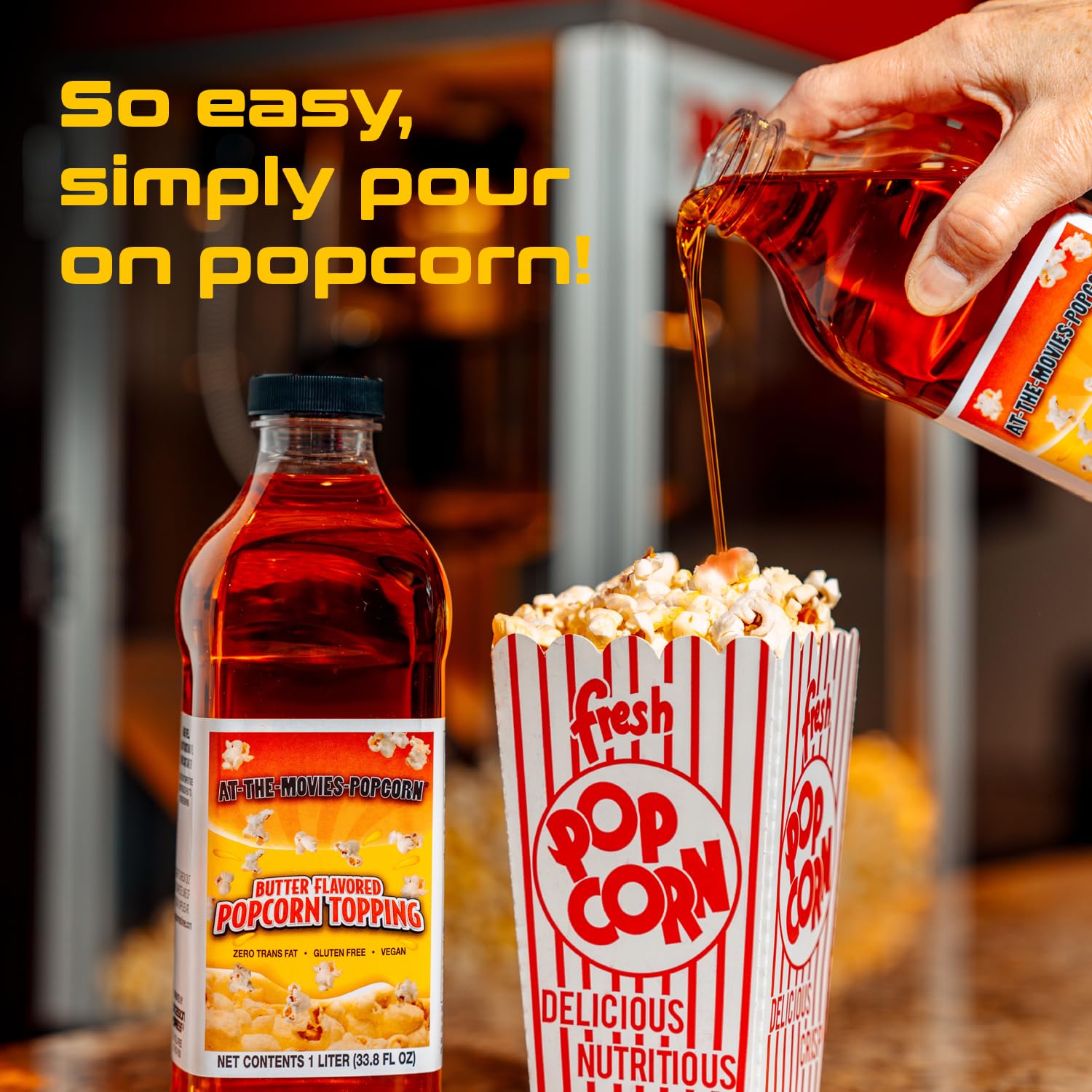 At-The-Movies-Popcorn label highlights vegan, gluten-free, non-GMO features for diverse diets.