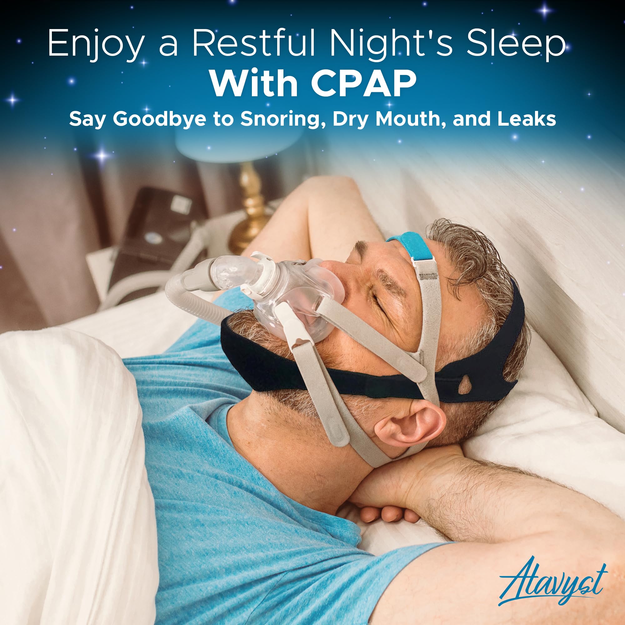 Atavyst velcro-secured strap allows quick adjustments without interrupting CPAP headgear.
