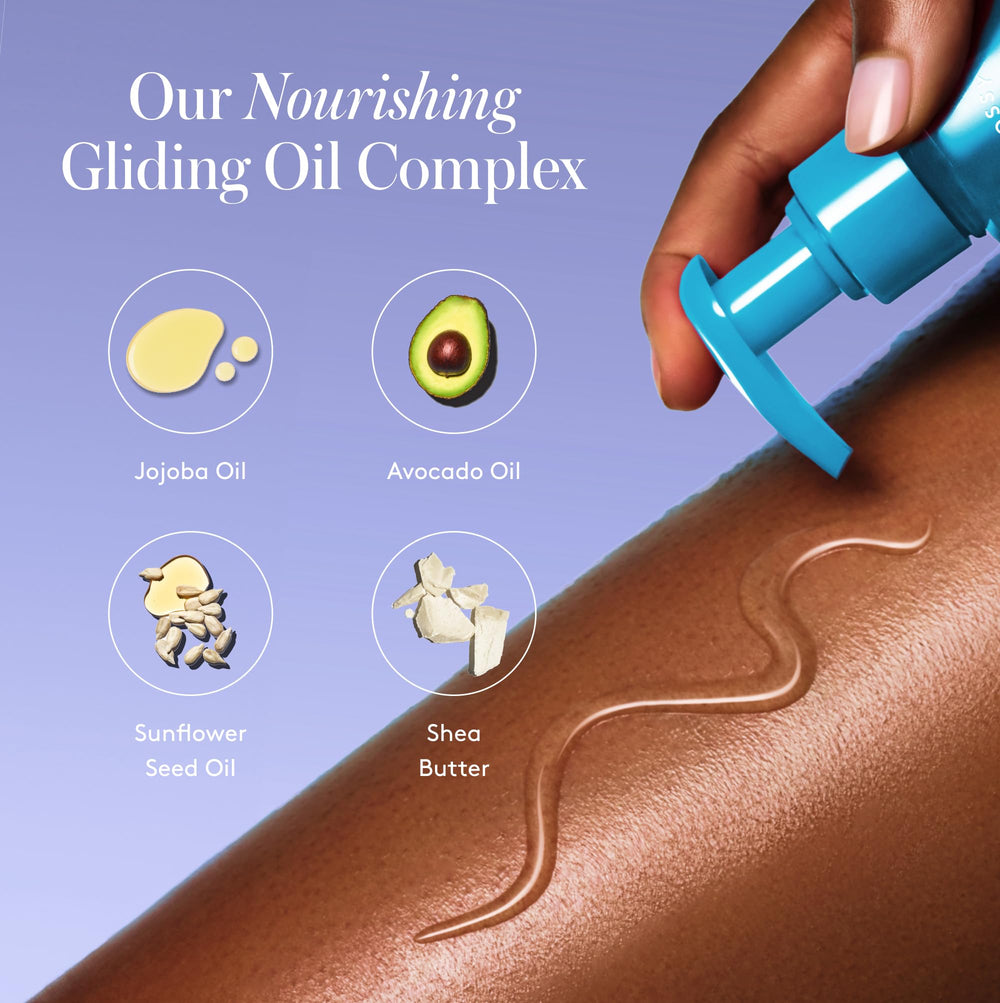 Athena Club Shave Oil texture glide illustrates silky moisture and smooth skin contact.