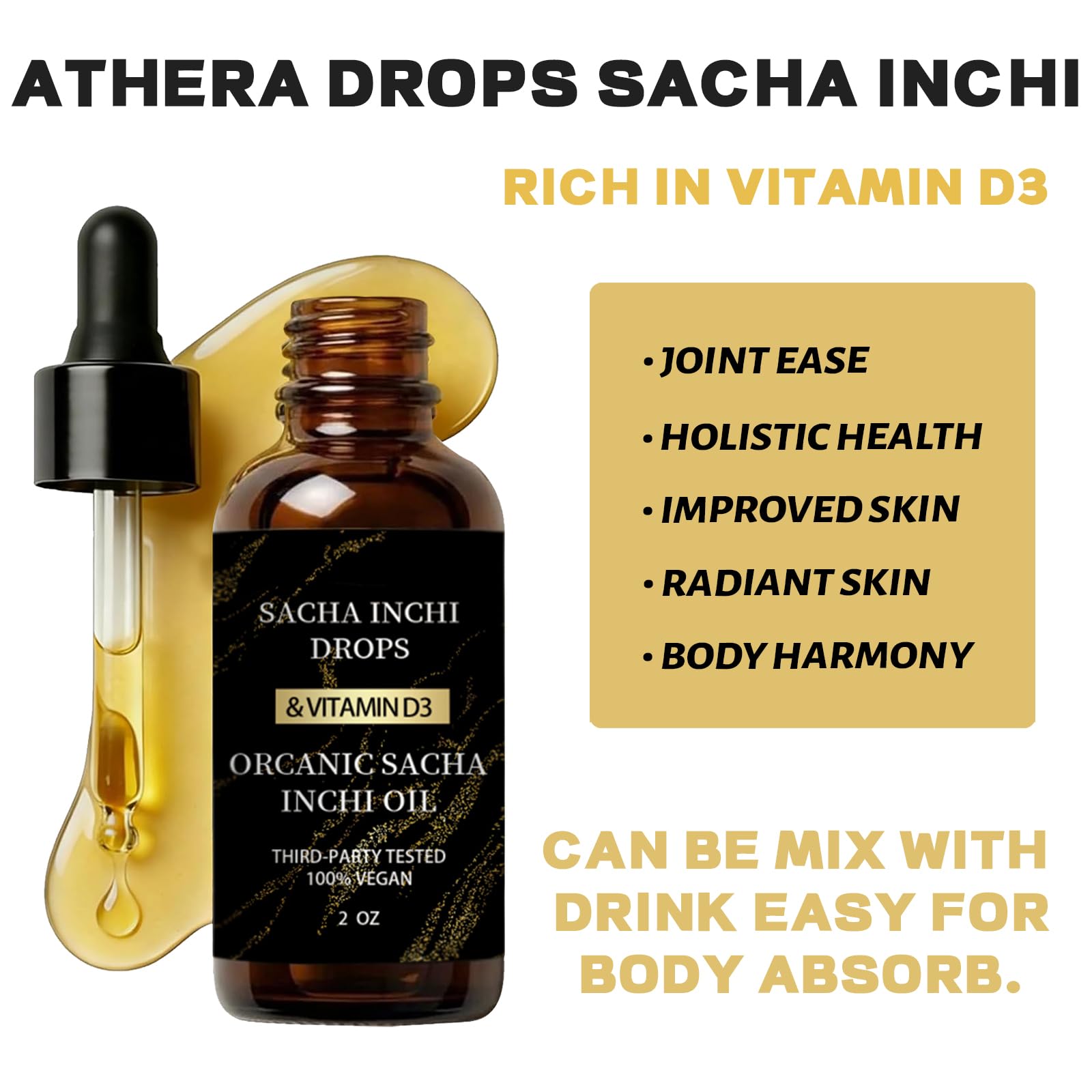 Front view of Athera Drops Organic Sacha Inchi bottle
