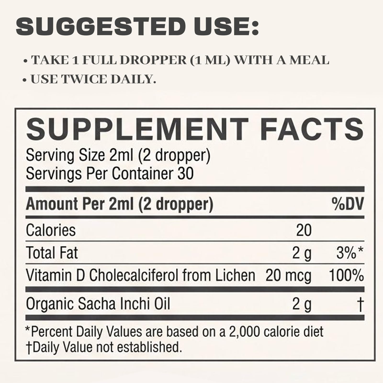 Close-up of Athera Drops Sacha Inchi label with Vitamin D3