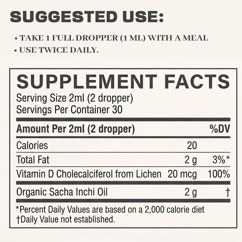 Close-up of Athera Drops Sacha Inchi label with Vitamin D3