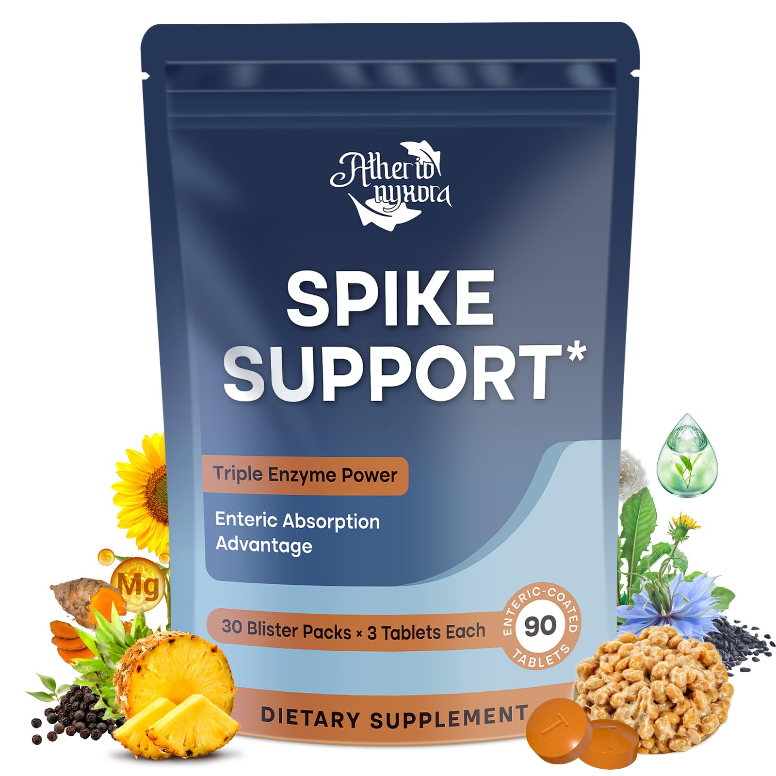 Atherionyxora Spike Detox bottle front view highlighting the 3-in-1 enzyme blend for circulatory support