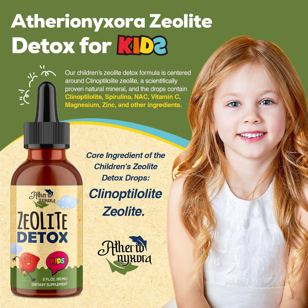 Atherionyxora Zeolite Detox drops are poured into water for easy mixing.