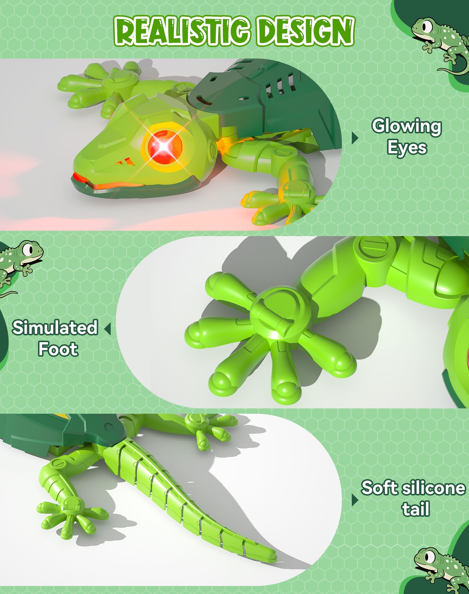 ATHLERIA gecko with glowing LED eyes for enhanced nighttime play