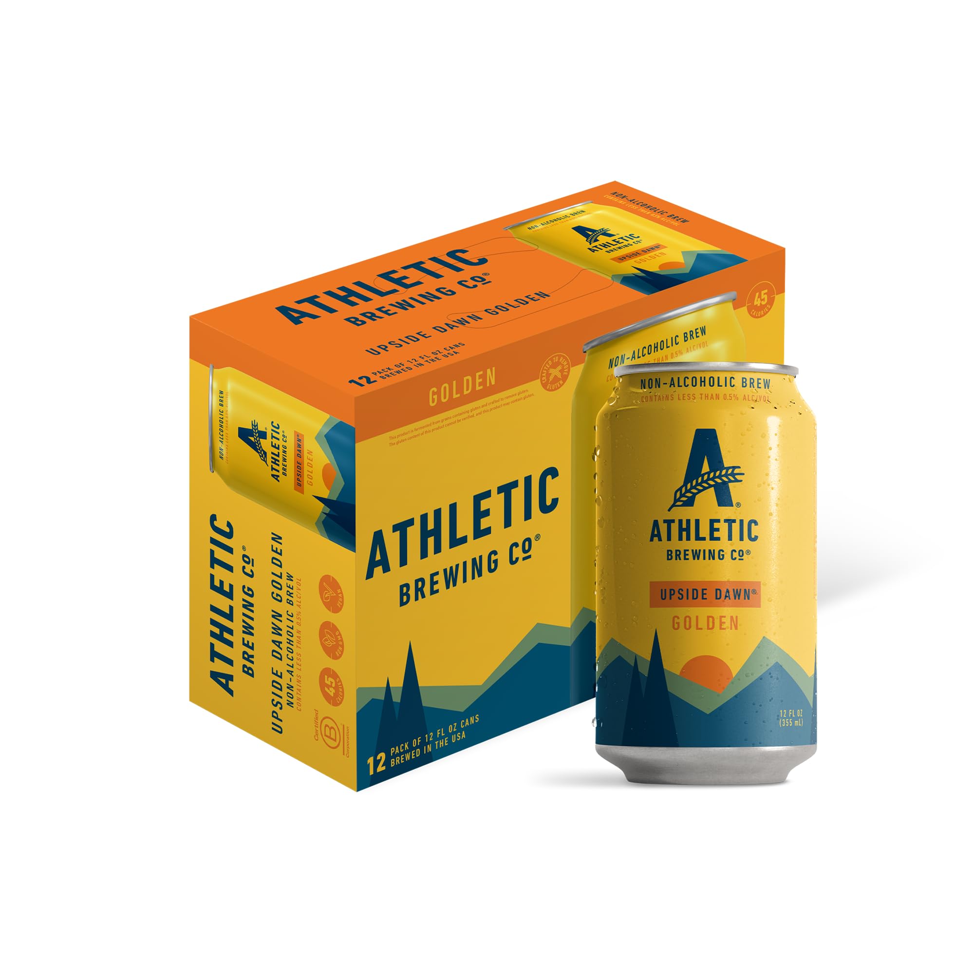 Athletic Brewing Upside Dawn golden can on table, low-calorie refreshment for pizza night.