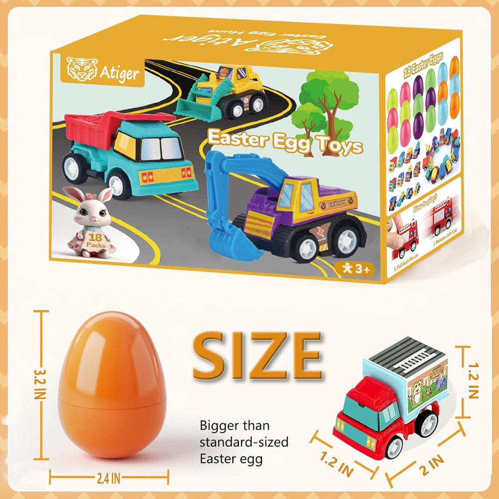 Atiger pull-back vehicles inside eggs for quick, interactive play during Easter hunts.