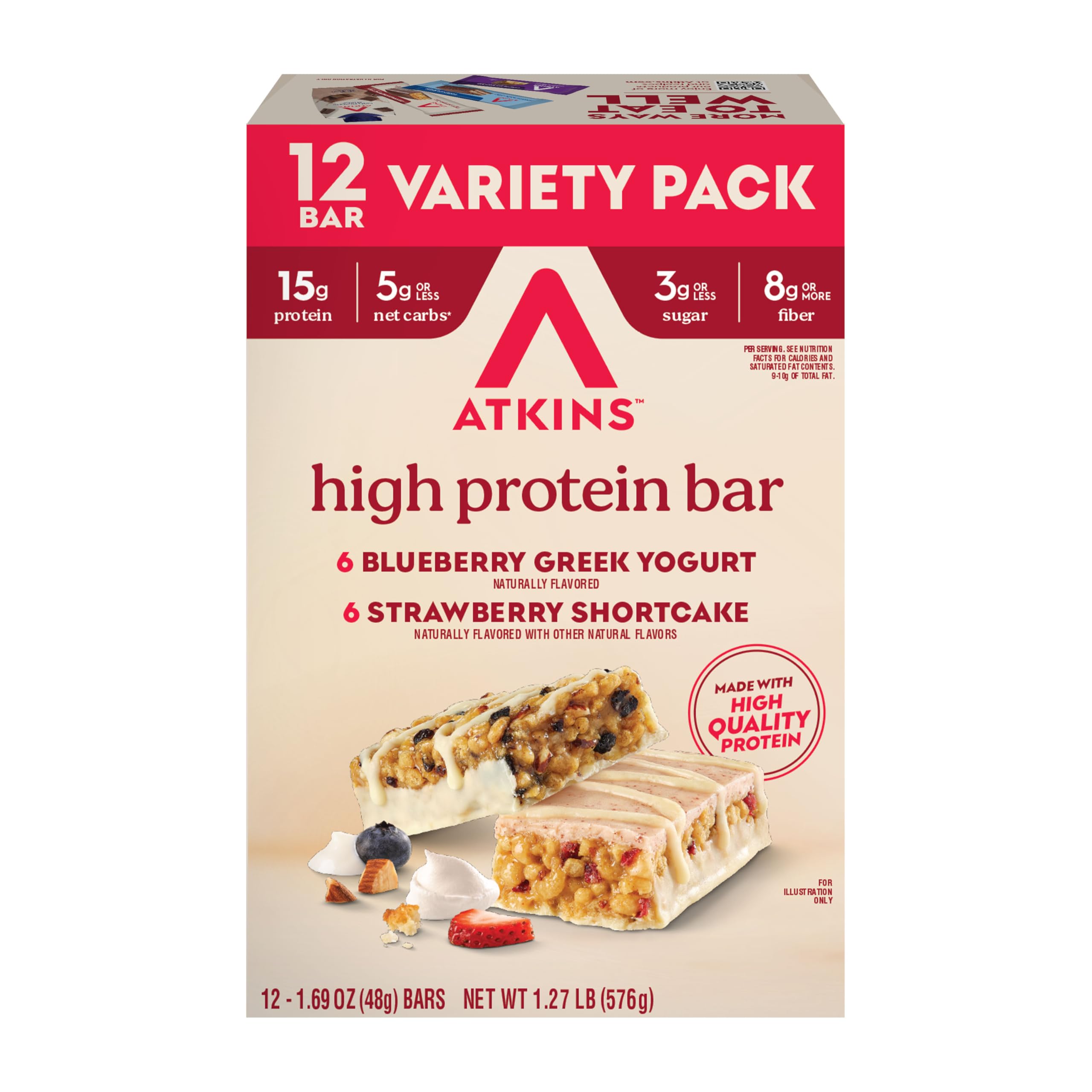 Atkins Blueberry Yogurt Bar front-pack image; gluten-free, high-protein on-the-go snack