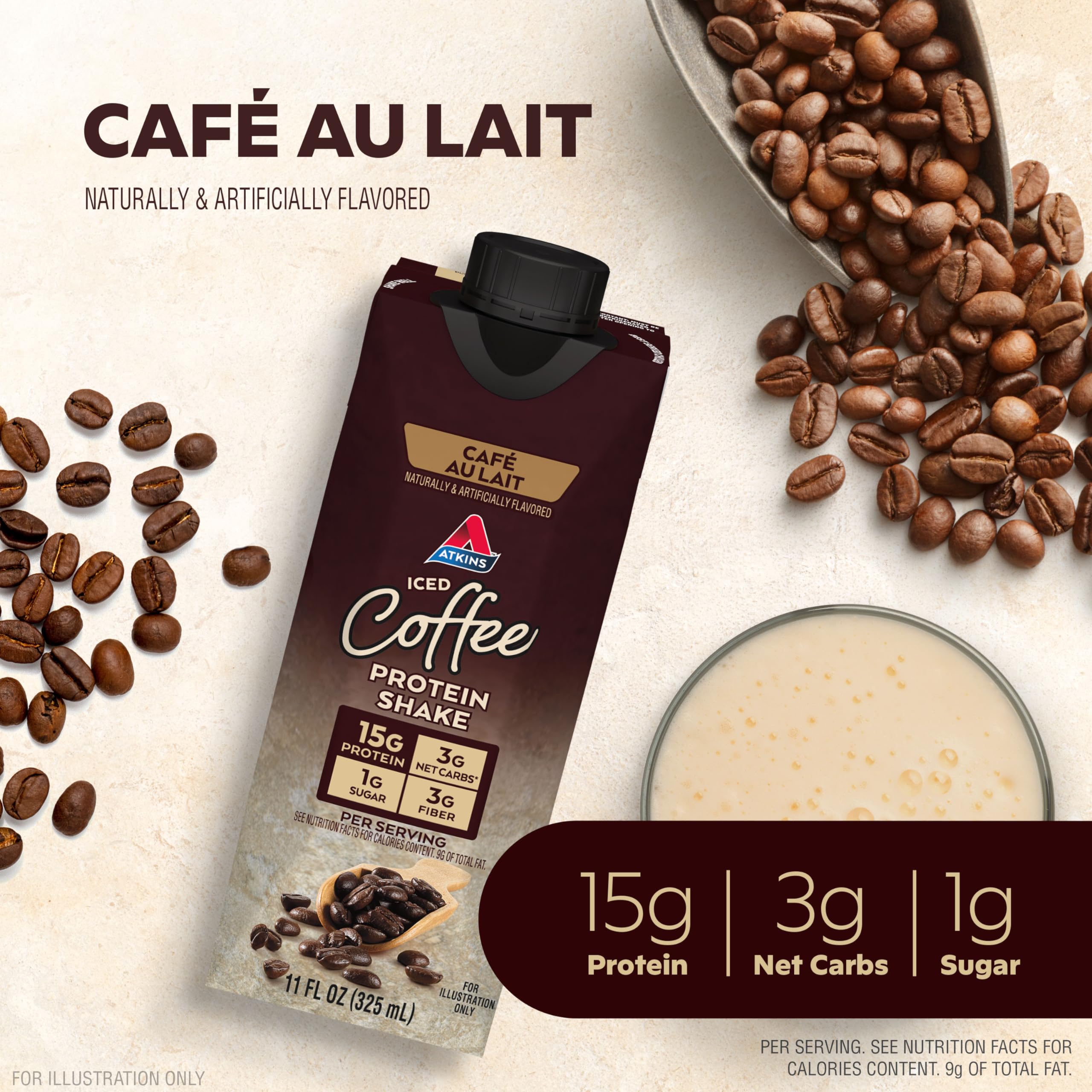 Back label of Atkins Café au Lait shake—gluten-free and keto-friendly nutrition.